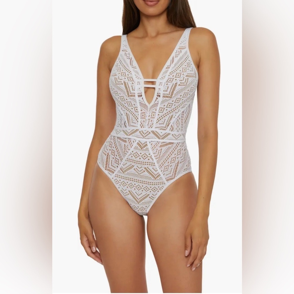 BECCA Color Play Mesh One-Piece Swimsuit in White/Tan